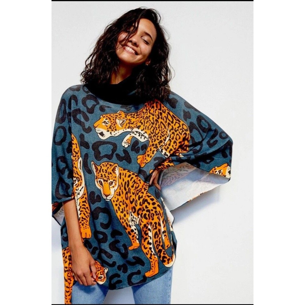 New Anthropologie Conditions Apply Leopard Pullover Top Poncho  Fits Size XS -XL